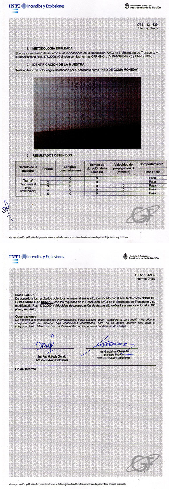 Certificado ignifugo inti